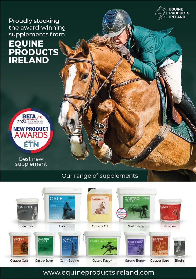 Picture of horse and rider jumping a fence. Images of products underneath the horse.